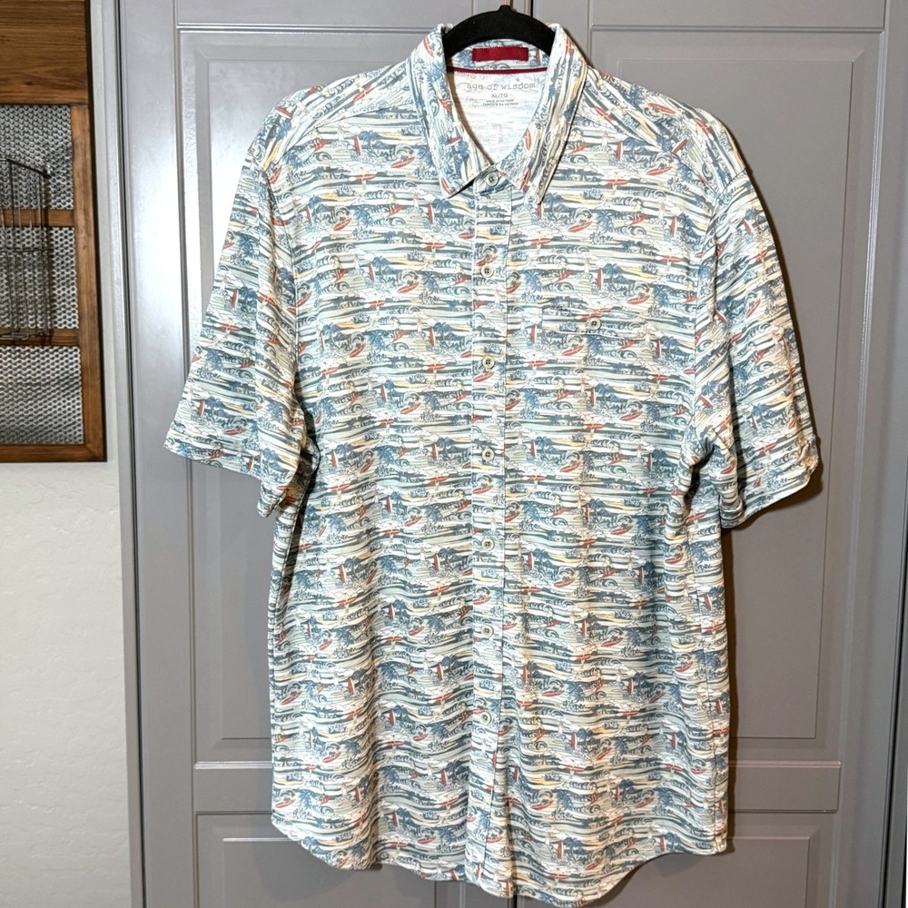 Age of Wisdom Mens Modal Tropical Surf Print Short Sleeve Button Shirt, Blue, XL